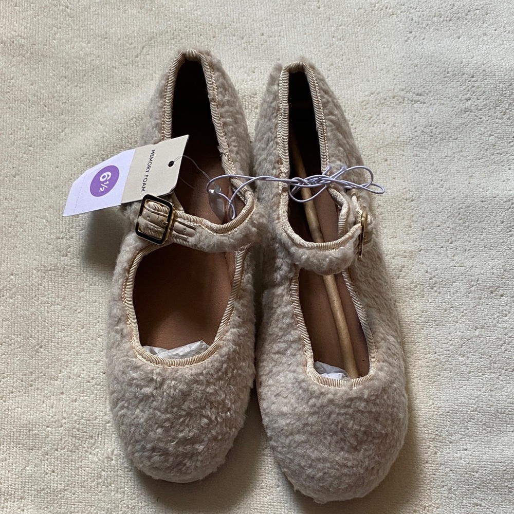 Universal Thread Cream Fuzzy Mary Jane Flats with Buckle